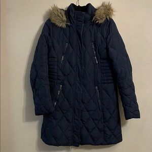 Esprit Dark Blue Puffer Jacket with Faux Fur Trim